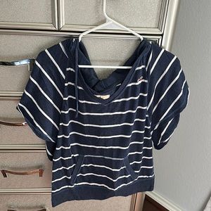 Size medium hooded blue and white stripe loose short sleeve Hollister top
